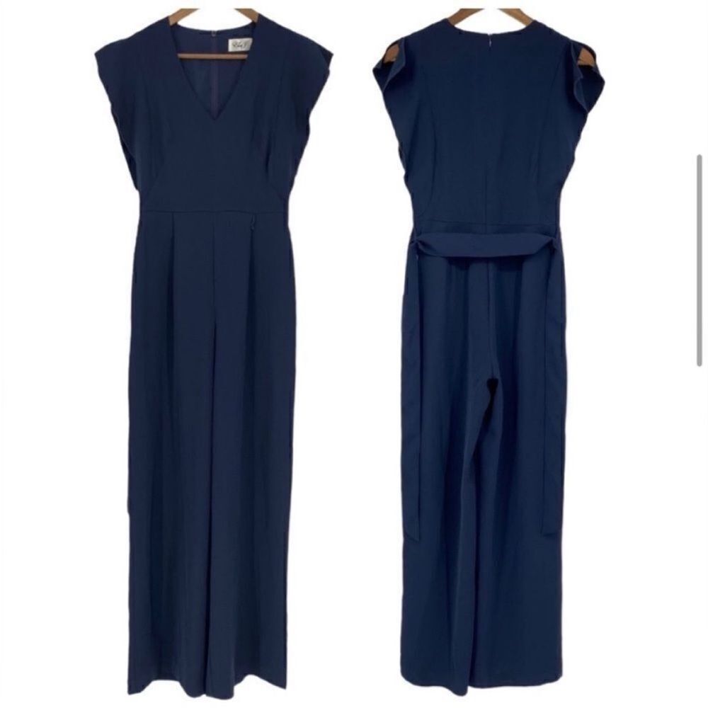 ELIZA J NWT Flutter Sleeve Crepe V Neck Wide Leg
Jumpsuit Navy Size 2 - Picture 6 of 12